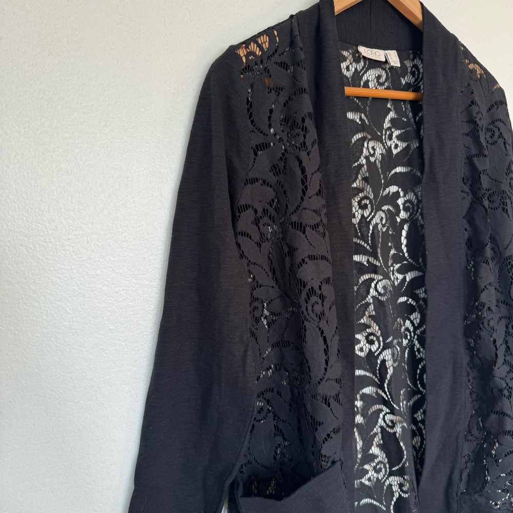 LOGO by Lori Goldstein Lace Open Front Slub Cardigan Sweater Sz M - Picture 5 of 13